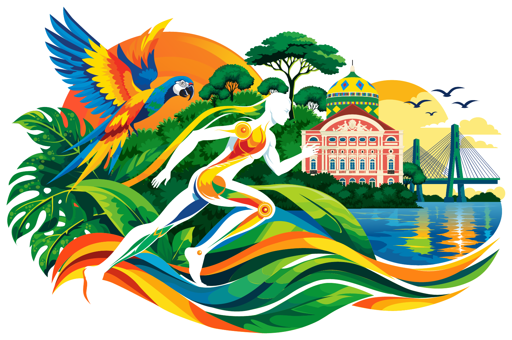 Logo ilustrada do congresso com arara, figura em movimento, Teatro Amazonas e paisagem amazônica